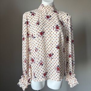 ModCloth A Grace of Ones Own Ivory Chiffon Red Pink Floral Ruffle Blouse Size M